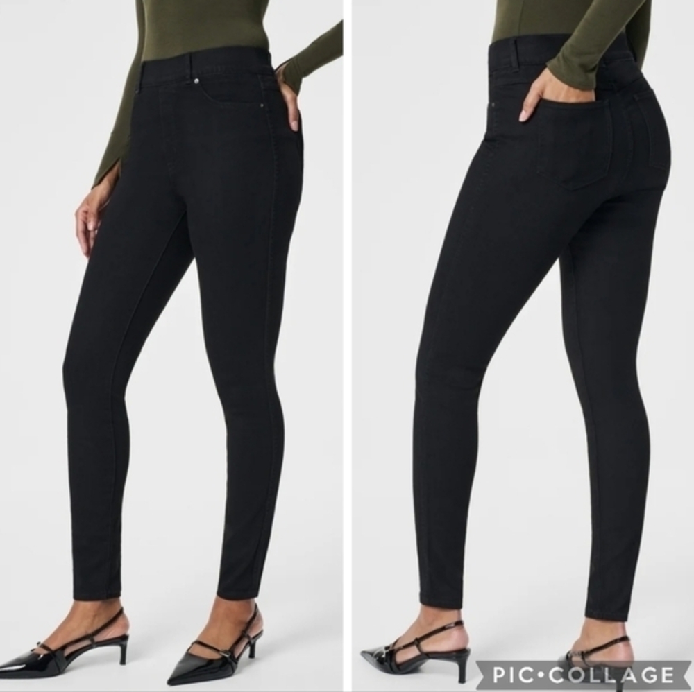 Spanx Women's Ankle Skinny Jeans Size M Black Denim High Rise Tummy Shaping